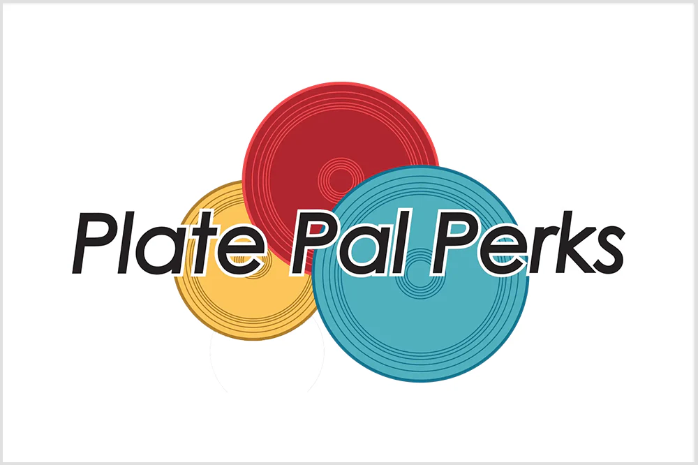 Three overlapping circles—a red, yellow, and blue one—resembling weight plates, with the words Plate Pal Perks in bold black font across the center.